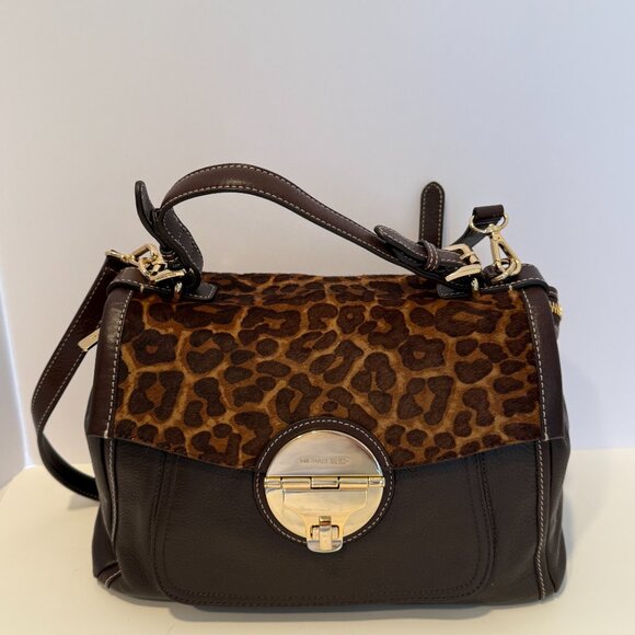Michael Kors Satchel Leopard Calf Skin Flap Top Handel Dk Brown Pebbled Leather - Picture 13 of 16